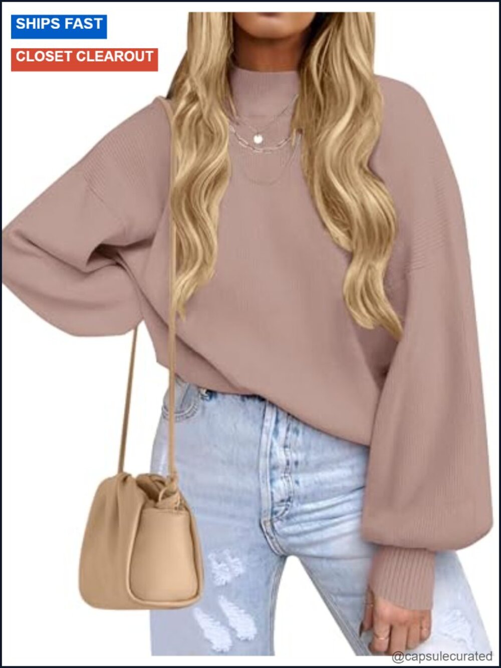 Women's Oversized Knit Sweater Fall Fashion Mock Neck Lantern Sleeve